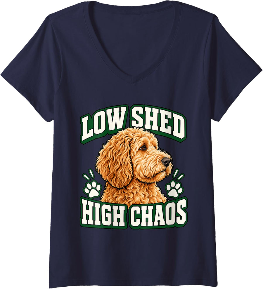 Women's Goldendoodle Low Shed High Chaos Doodle Mom Funny Curly V-Neck T-Shirt - Navy Blue