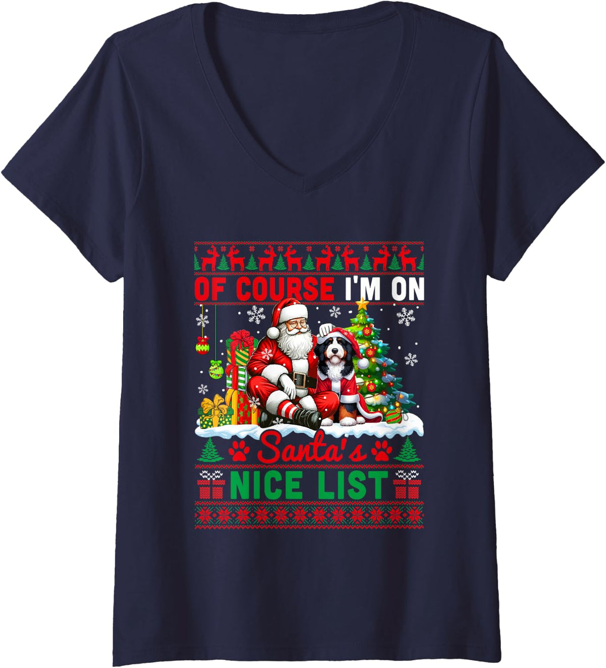 Women's I'm On Santa's Xmas Nice List Sweater Santa Bernedoodle V-Neck T-Shirt - Navy Blue
