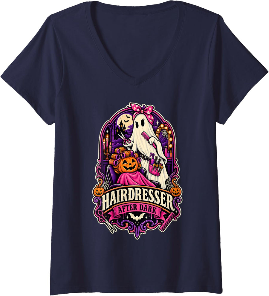 Women's Hairdresser After Dark Spooky Halloween Salon Ghost V-Neck T-Shirt - Navy Blue