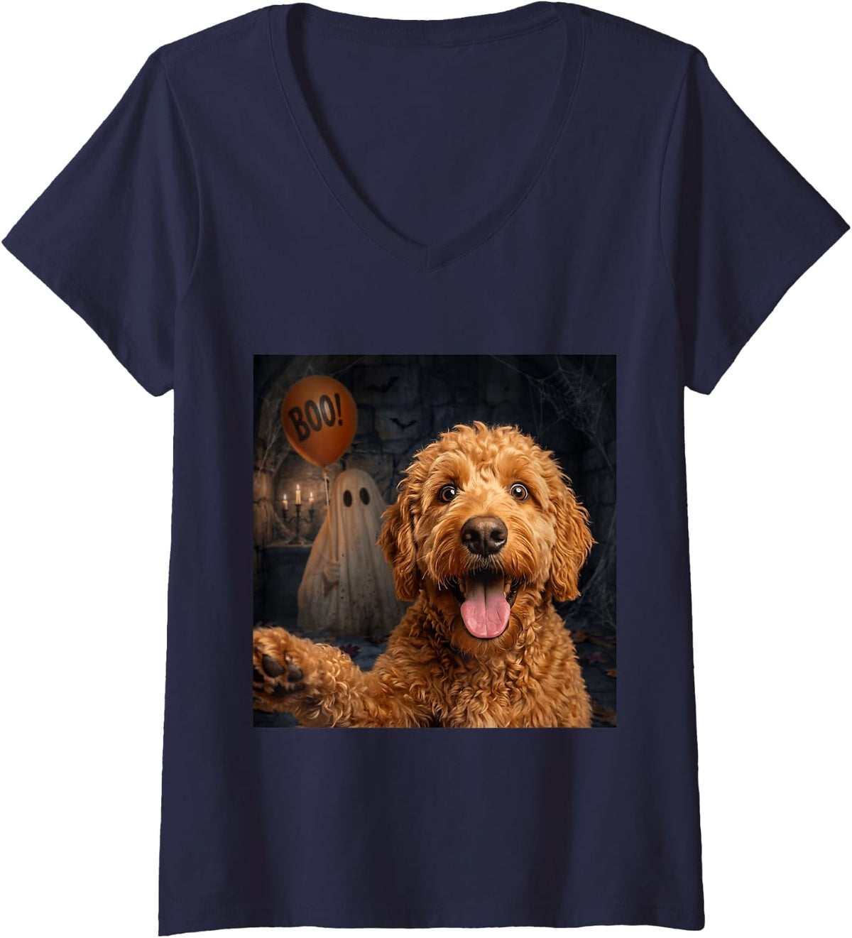 Women's Funny Goldendoodle Ghost Boo Halloween Selfie Dog Meme V-Neck T-Shirt - Navy Blue