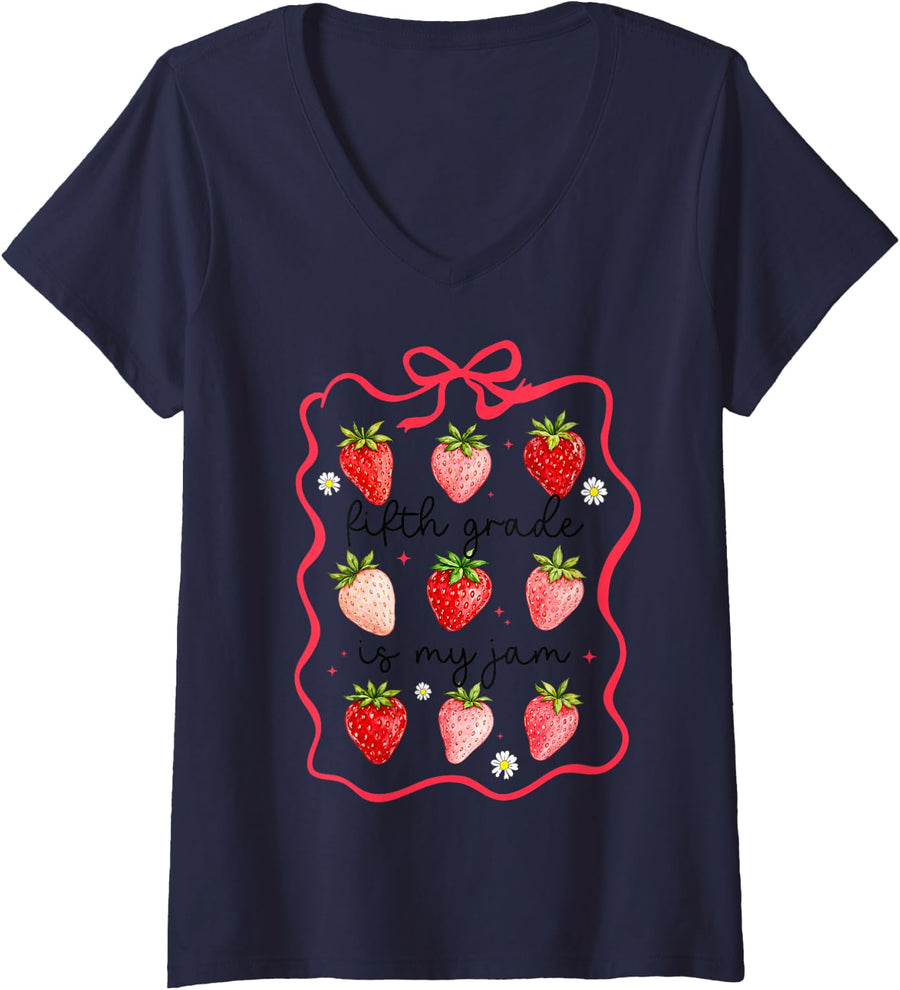 Women's Fifth Grade is My Jam Strawberry 5th Grade Back to School V-Neck T-Shirt - Navy Blue