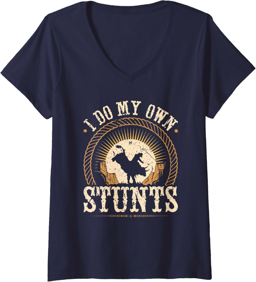 Women's I Do My Own Stunts, Bull Riding Rodeo Cowboy Bull Rider V-Neck T-Shirt - Navy Blue