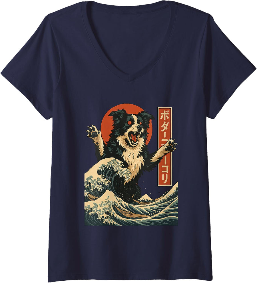 Women's Border Collie Japanese Wave Art Kaiju Dog Fan V-Neck T-Shirt - Navy Blue
