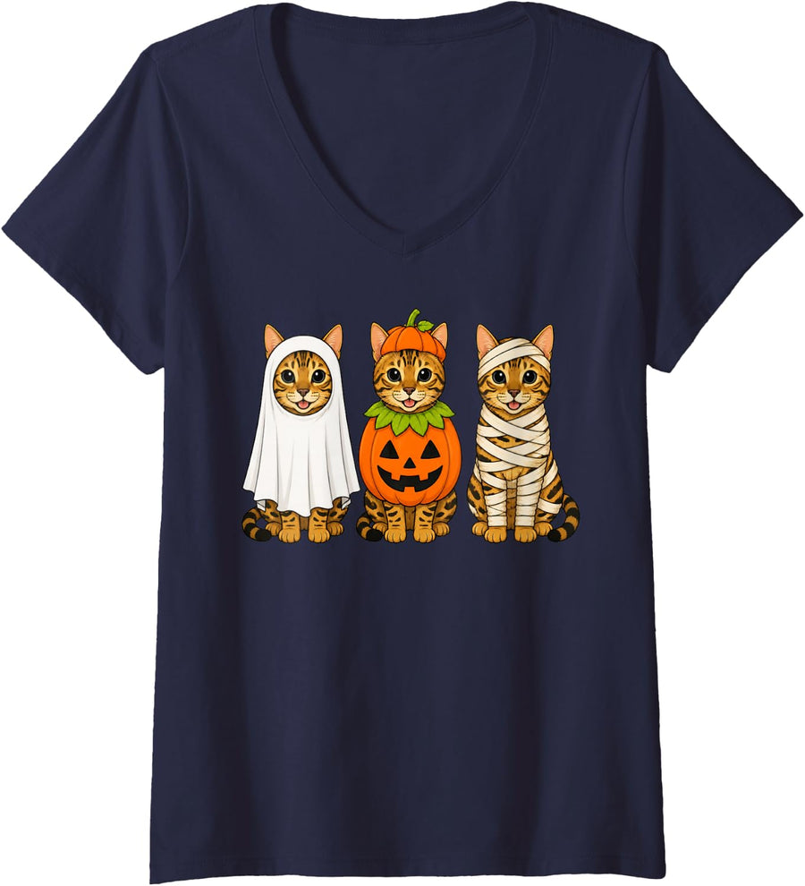 Women's Spooky Bengal Cat Pumpkin Ghost Halloween V-Neck T-Shirt - Navy Blue