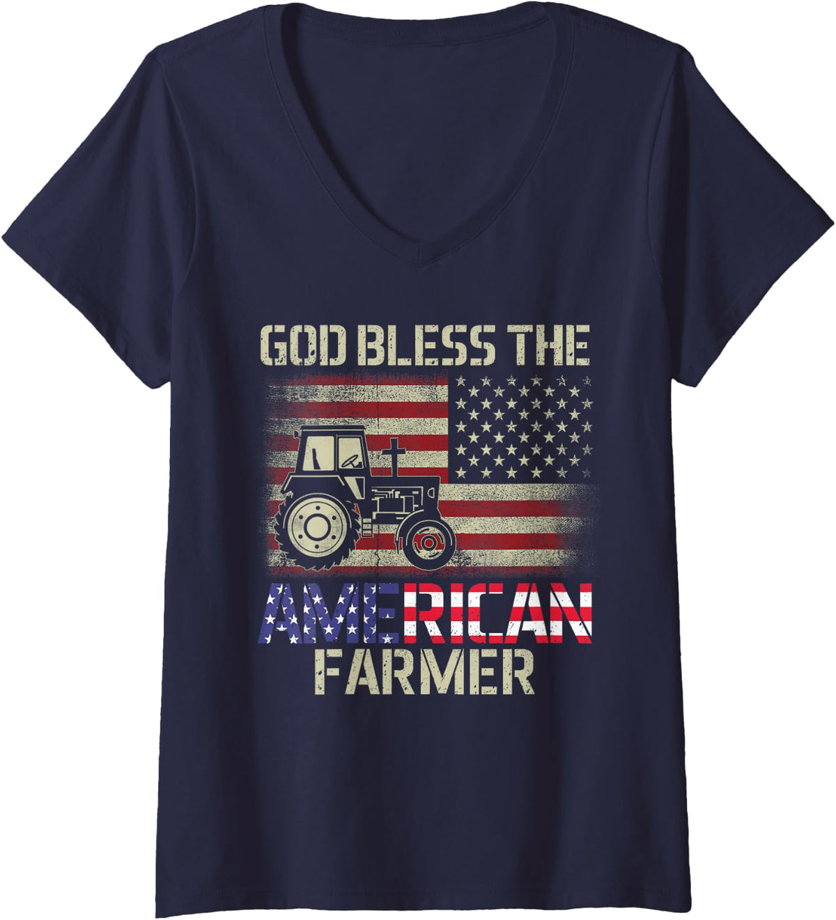 Women's God Bless The American Farmer V-Neck T-Shirt - Navy Blue