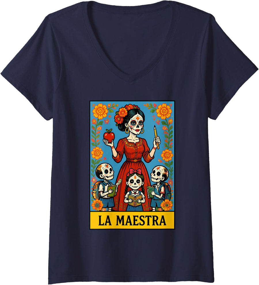 Women's Dia De Los Muertos Teacher La Maestra Spanish School V-Neck T-Shirt - Navy Blue