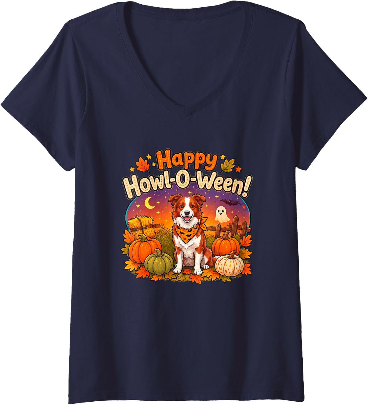 Women's Womens Kids Halloween Howl O Ween Red Border Collie Lover V-Neck T-Shirt - Navy Blue
