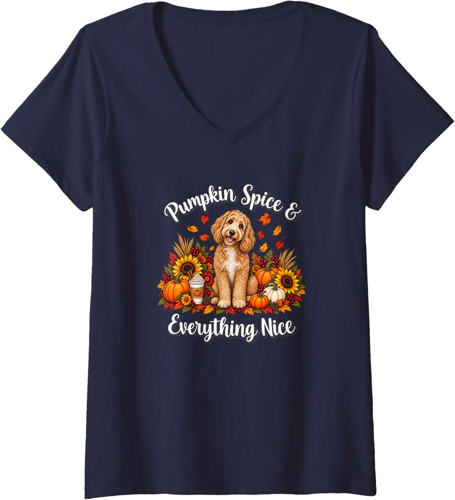 Women's Womens Moms Fall Pumpkin Spice Goldendoodle Doodle Dog Lover V-Neck T-Shirt - Navy Blue