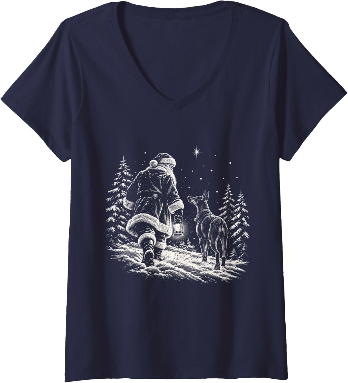 Women's Doberman Pinscher Christmas Dog Walking with Santa Holiday V-Neck T-Shirt - Navy Blue
