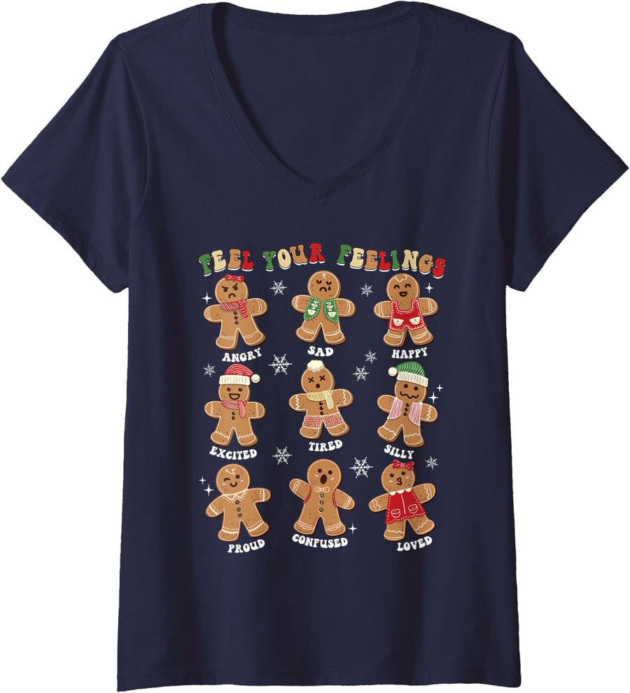 Women's Feel Your Feelings School Psychologist Christmas V-Neck T-Shirt - Navy Blue