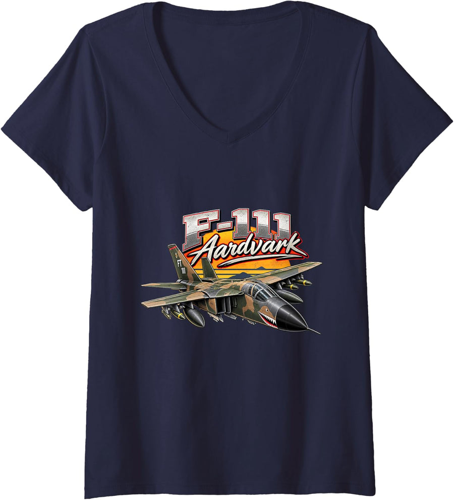 Women's F-111 Aardvark Swing Wing Fighter Bomber Aviation V-Neck T-Shirt - Navy Blue