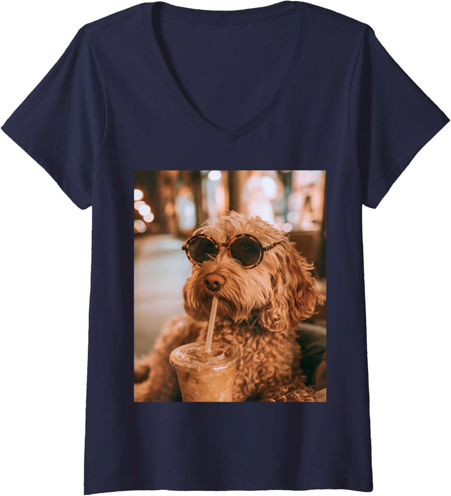 Women's Goldendoodle Drinking Iced Coffee Wearing Sunglasses V-Neck T-Shirt - Navy Blue