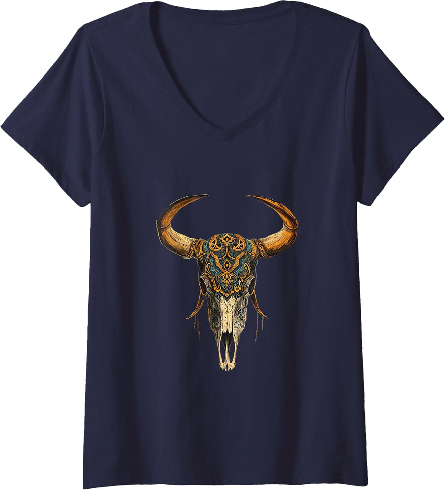 Women's Bull Riding Rodeo Rider Cowboy Cowgirl Western V-Neck T-Shirt - Navy Blue