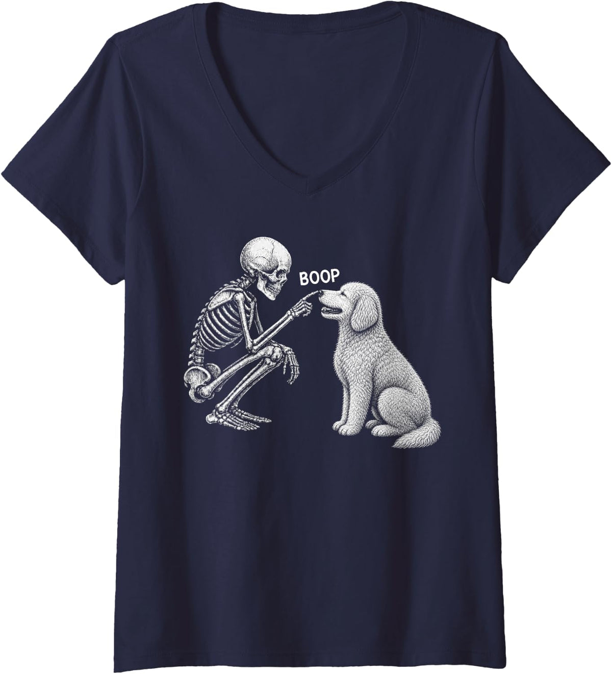 Women's Skeleton Boop Goldendoodle Dog Nose Vintage Halloween V-Neck T-Shirt - Navy Blue