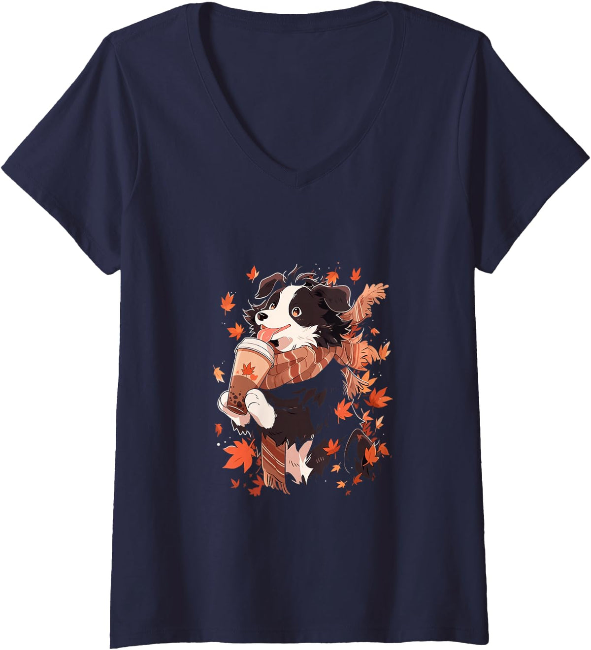 Women's Border Collie Autumn Leaves Pumpkin Spice Latte Kawaii V-Neck T-Shirt - Navy Blue
