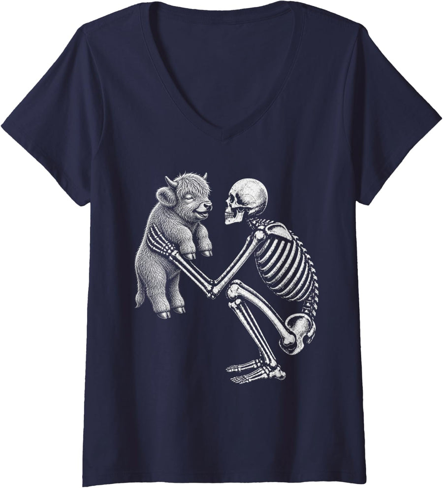 Women's Skeleton Holding Scottish Highland Cow Retro Halloween V-Neck T-Shirt - Navy Blue