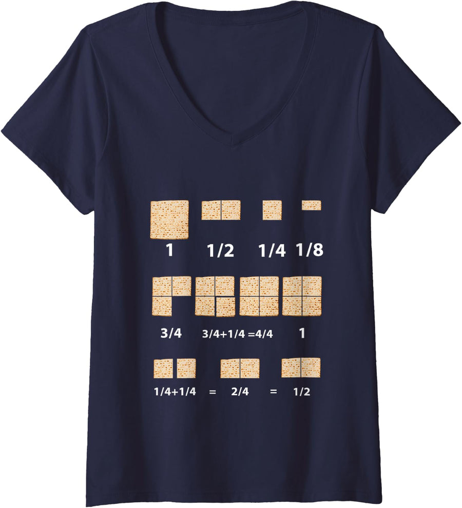 Women's Passover Math Fractions Funny Nerd Jewish Teacher Matzo V-Neck T-Shirt - Navy Blue