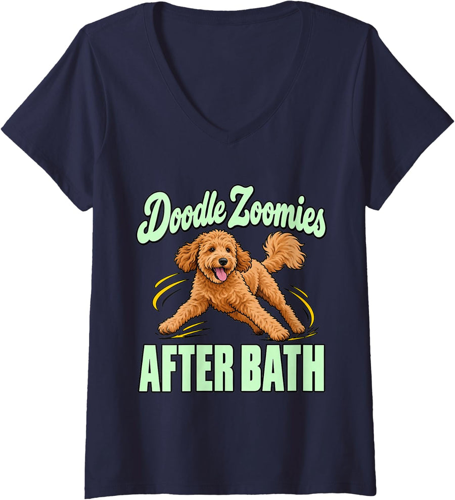 Women's Goldendoodle Doodle Zoomies After Bath Dog Owner Humor Puppy V-Neck T-Shirt - Navy Blue