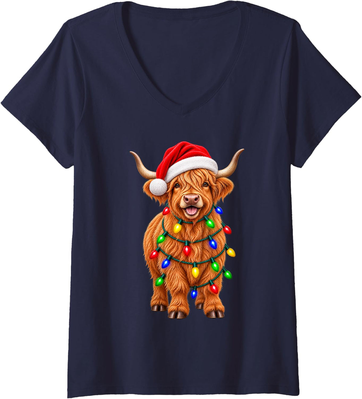 Women's Highland Cow Christmas Matching Family Men Women Xmas Pajama V-Neck T-Shirt - Navy Blue