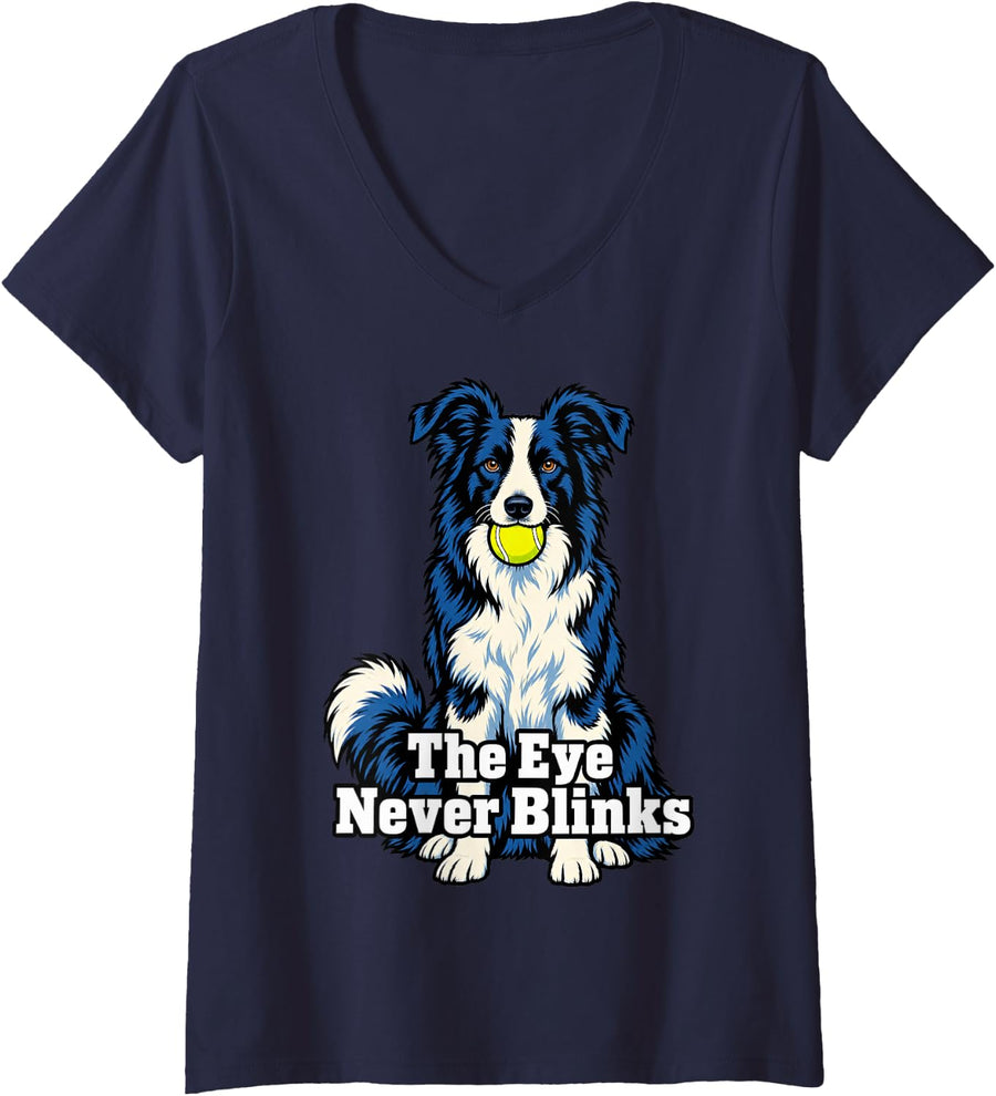 Women's Border Collie The Eye Never Blinks Lover Herding Fans V-Neck T-Shirt - Navy Blue