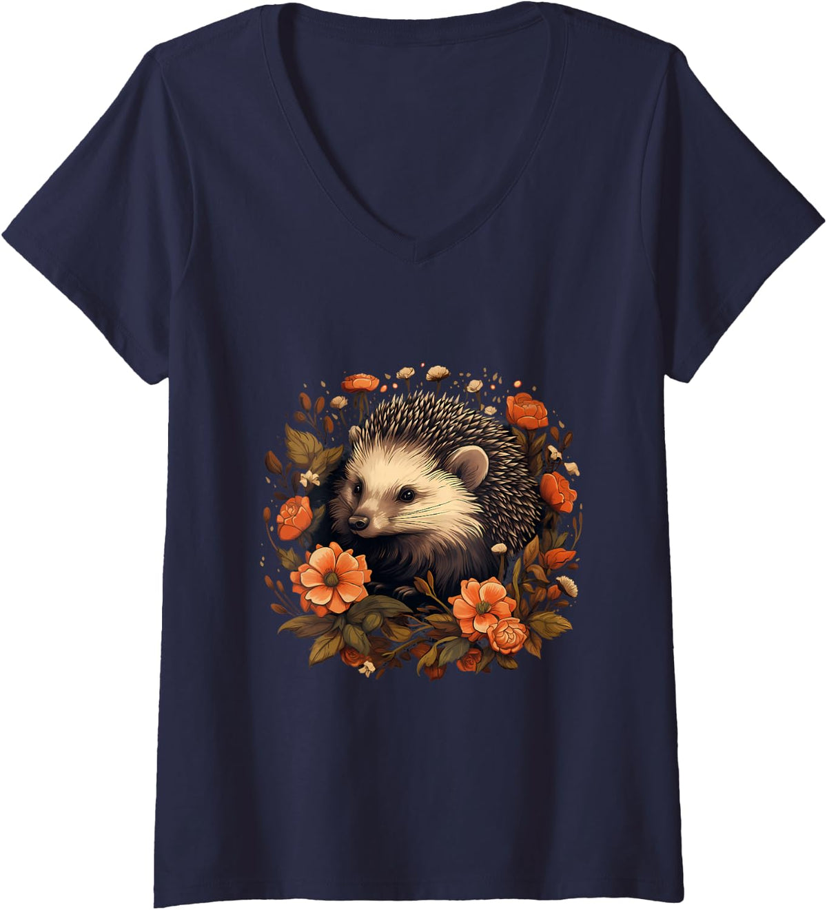 Women's Hedgehog Floral Wildlife Artwork Animal Art Animal Lovers V-Neck T-Shirt - Navy Blue