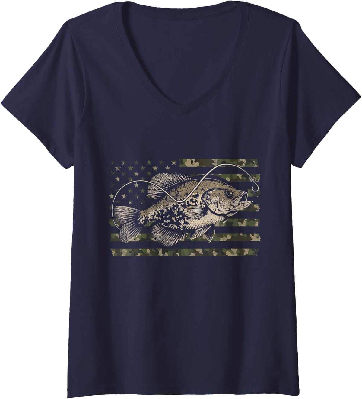 Women's Crappie Fishing Distressed Camo Flag V-Neck T-Shirt - Navy Blue