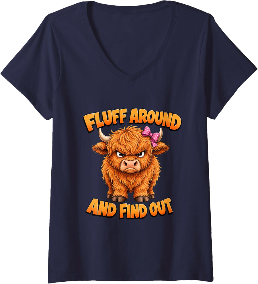 Women's Fluff Aroud and Find Out Funny Highland Cow Coquette Bow V-Neck T-Shirt - Navy Blue