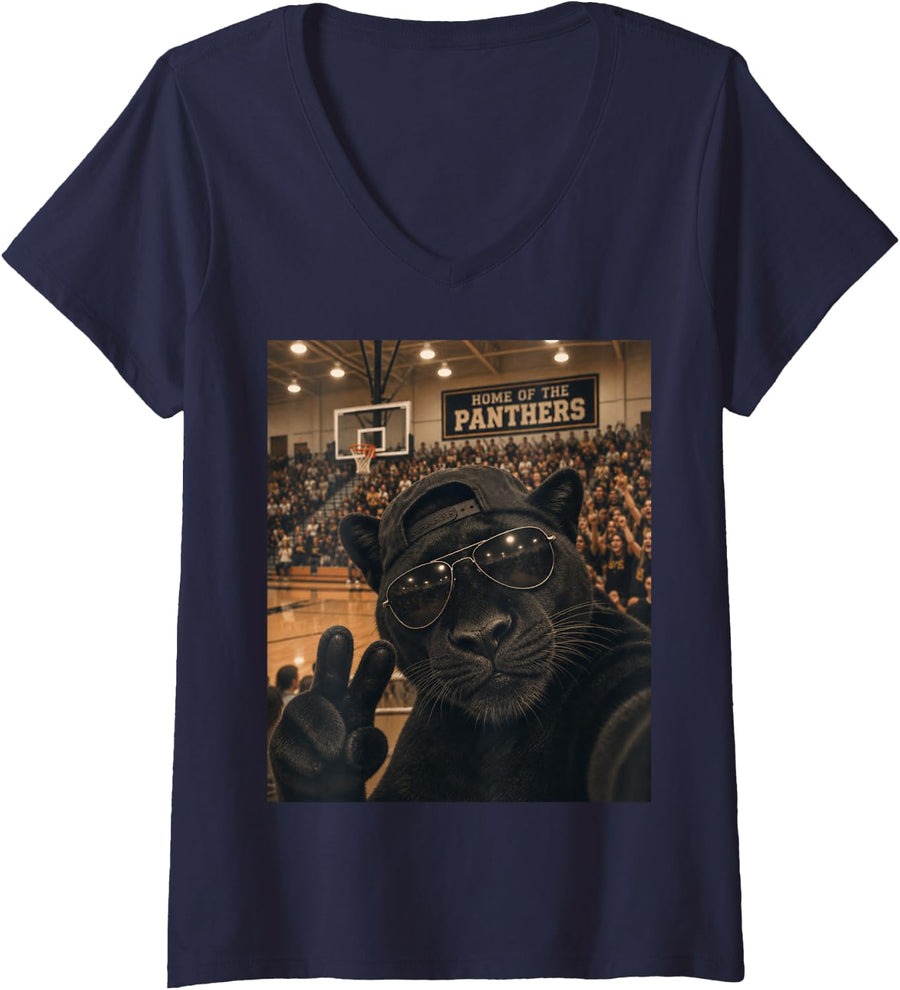Women's Panther Selfie Funny Basketball Vintage Game Day Cool Mascot V-Neck T-Shirt - Navy Blue