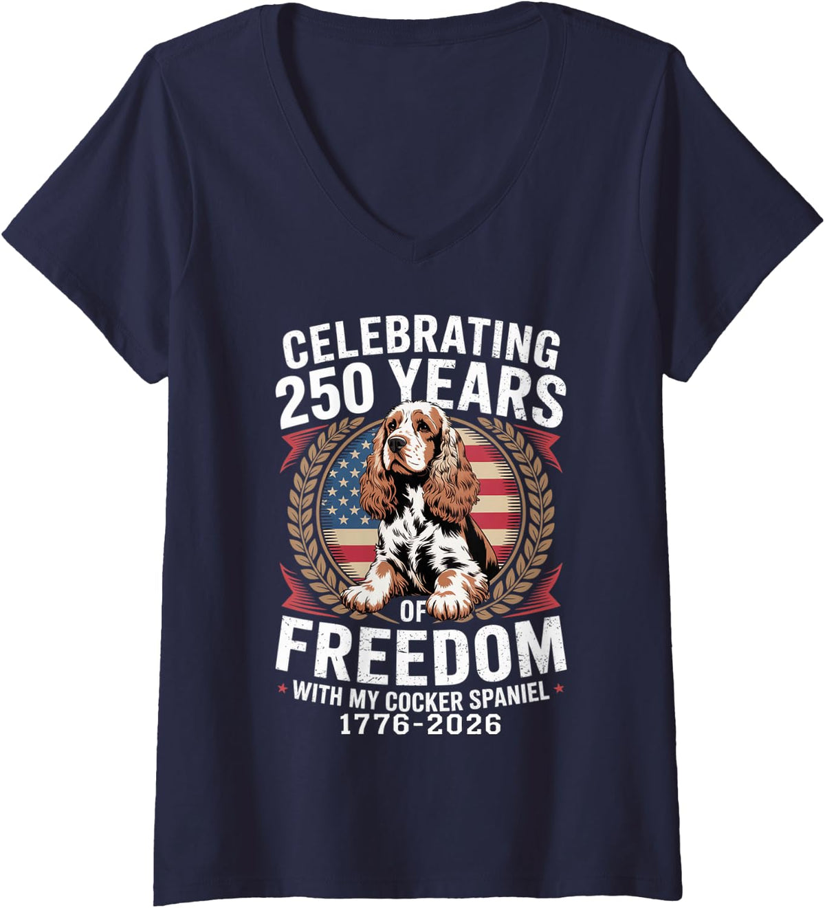 Women's Cocker Spaniel Dog Dad Mom 250 Years Freedom 1776 2026 V-Neck T-Shirt - Navy Blue