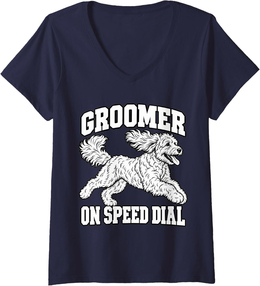 Women's Goldendoodle Groomer On Speed Dial Dog Mom Funny Curly V-Neck T-Shirt - Navy Blue