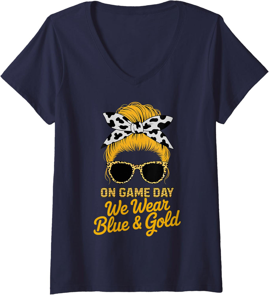 Women's Vintage ON Game Day WE WEAR Blue Gold High School Cheer Mom V-Neck T-Shirt - Navy Blue