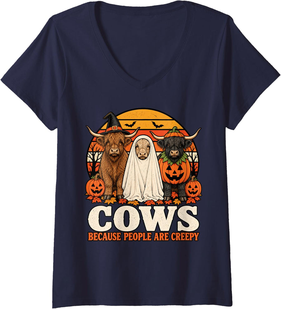 Women's Cows Because People are Creepy Halloween Highland Cow V-Neck T-Shirt - Navy Blue