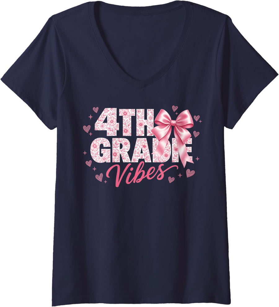 Women's 4th Grade Vibes Coquette Bow Back to School Fourth Grade V-Neck T-Shirt - Navy Blue