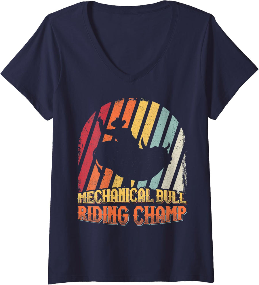 Womens Bull Riding mechanical Design for a Mechanical bull rider V-Neck T-Shirt - Navy Blue