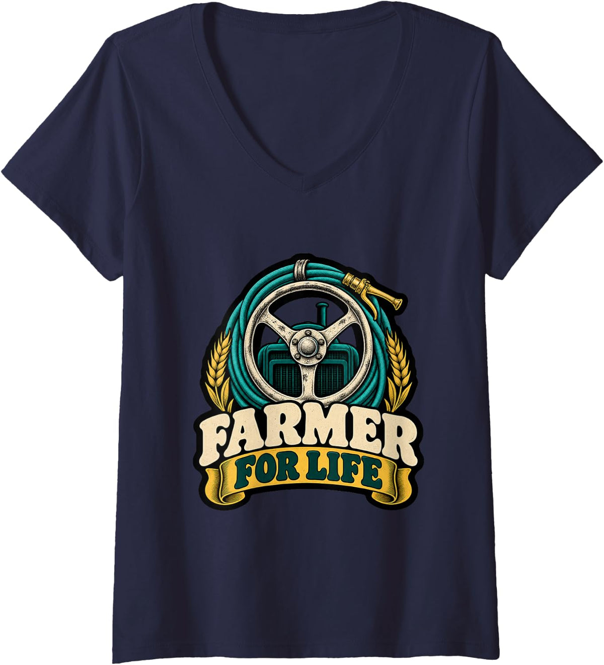Women's Occupation Farmer for Life Rural Agriculture Art Design Gift V-Neck T-Shirt - Navy Blue