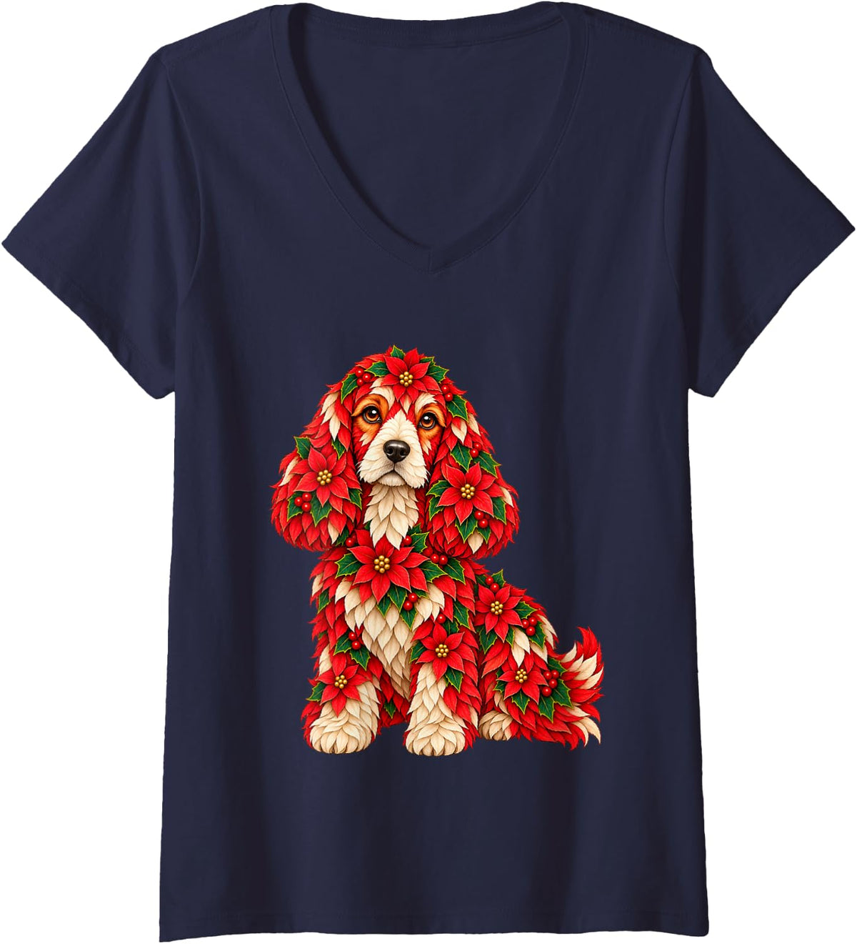 Women's Floral Christmas Cocker Spaniel with Poinsettia Flowers Xmas V-Neck T-Shirt - Navy Blue