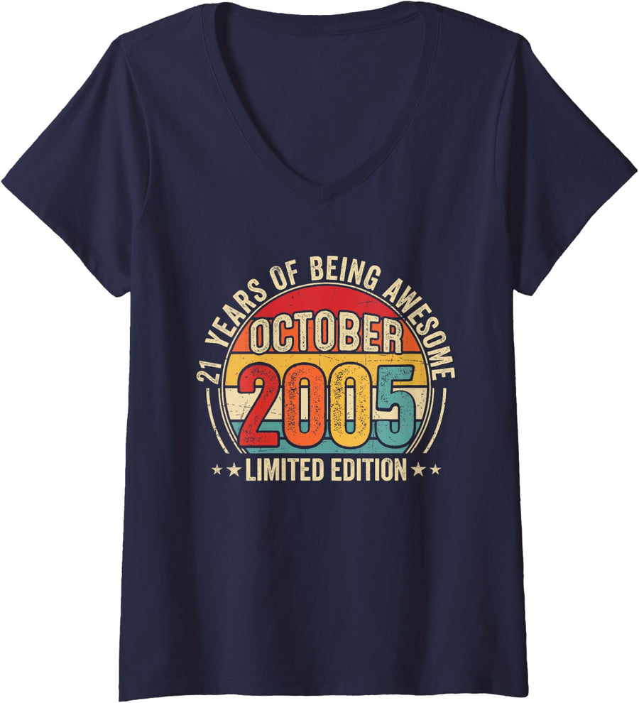 Women's Awesome Since October 2005 Vintage Retro 21st Birthday Men V-Neck T-Shirt - Navy Blue