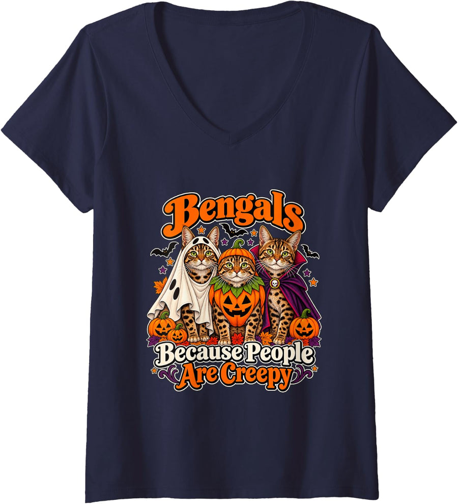 Women's Bengal Cats Halloween Ghost Pumpkin Vampire Costume V-Neck T-Shirt - Navy Blue