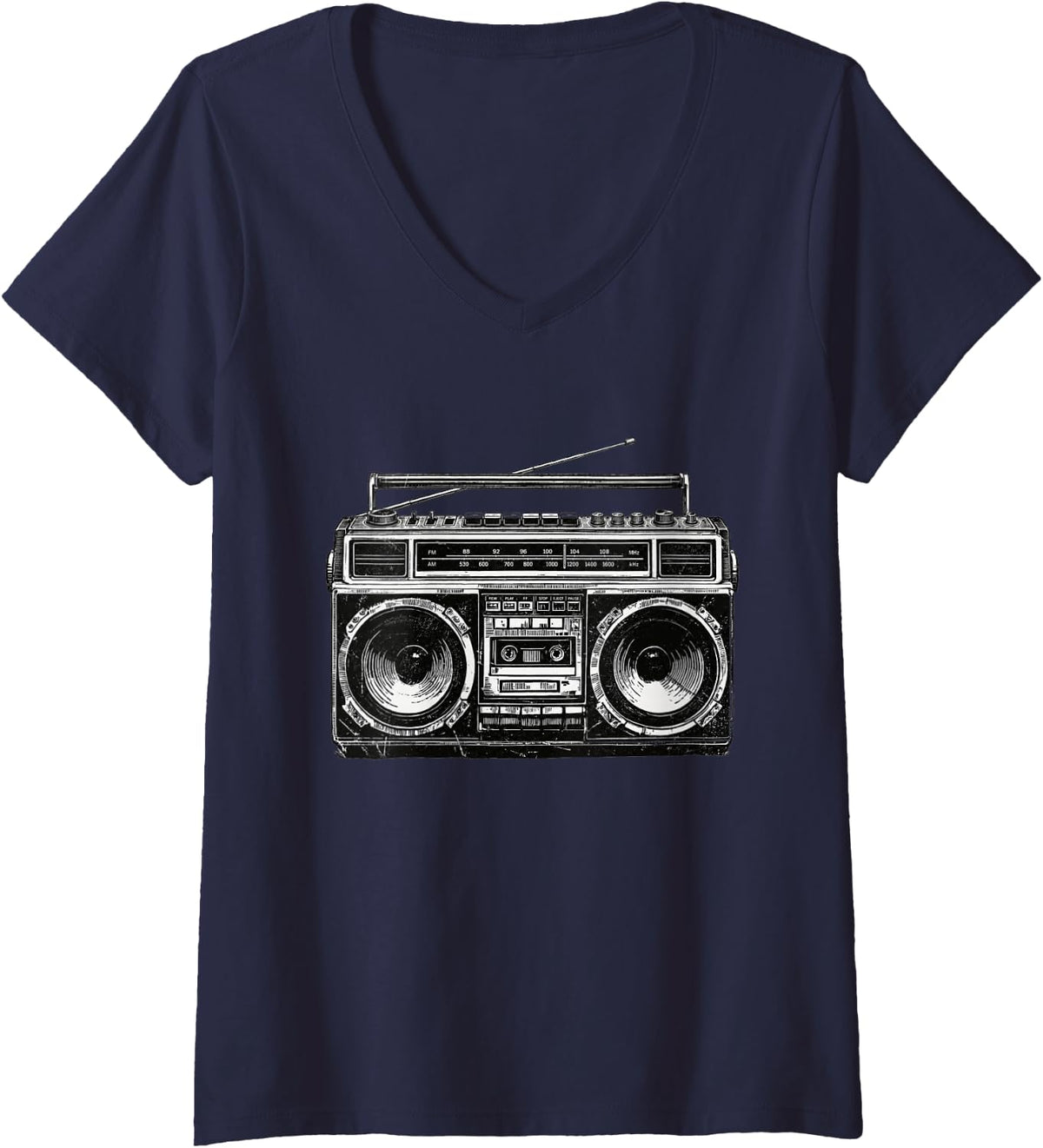 Women's Boombox Stereo R&B Hip Hop Old School Eighties 80s Music V-Neck T-Shirt - Navy Blue