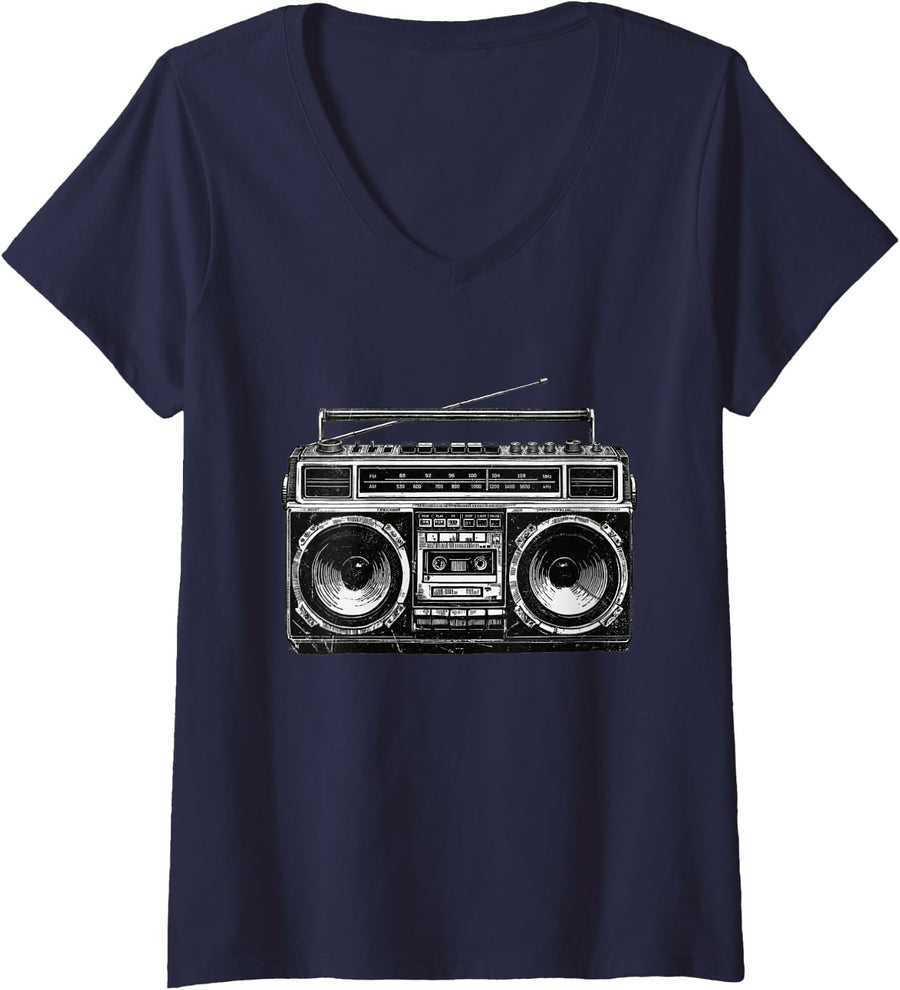 Women's Boombox Stereo R&B Hip Hop Old School Eighties 80s Music V-Neck T-Shirt - Navy Blue
