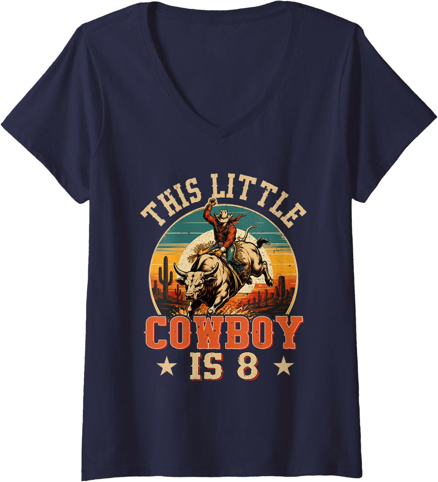 Women's 8 Years Old Bull Riding Lover 8th Birthday Cowboy Theme V-Neck T-Shirt - Navy Blue