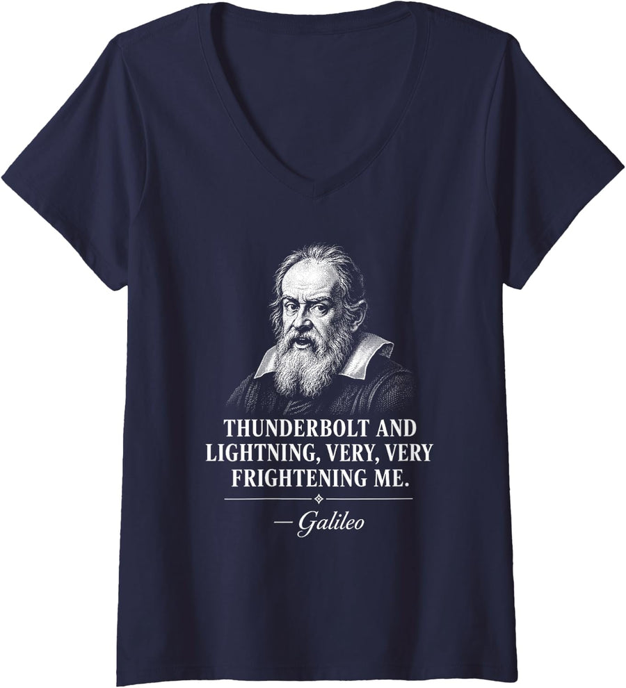 Women's Thunderbolt and Lightning Galileo Astronomy Meme V-Neck T-Shirt - Navy Blue