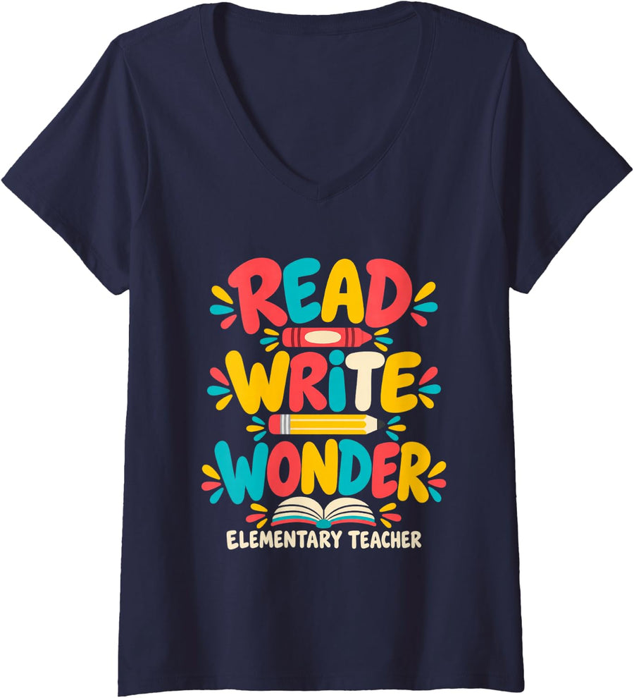Women's Read Write Wonder Elementary Teacher V-Neck T-Shirt - Navy Blue