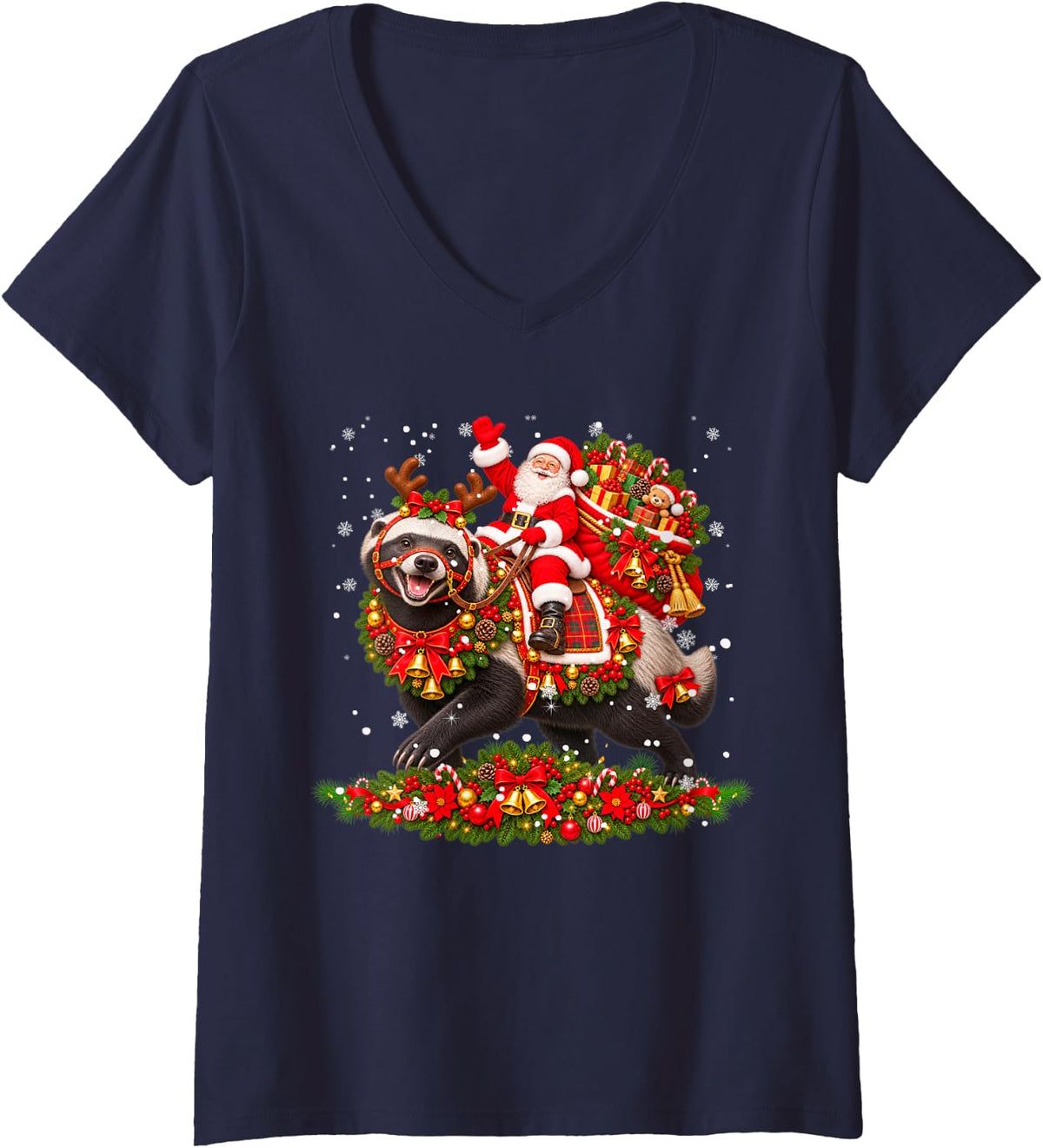 Women's Xmas Decor Funny Santa Riding Honey Badger Christmas V-Neck T-Shirt - Navy Blue