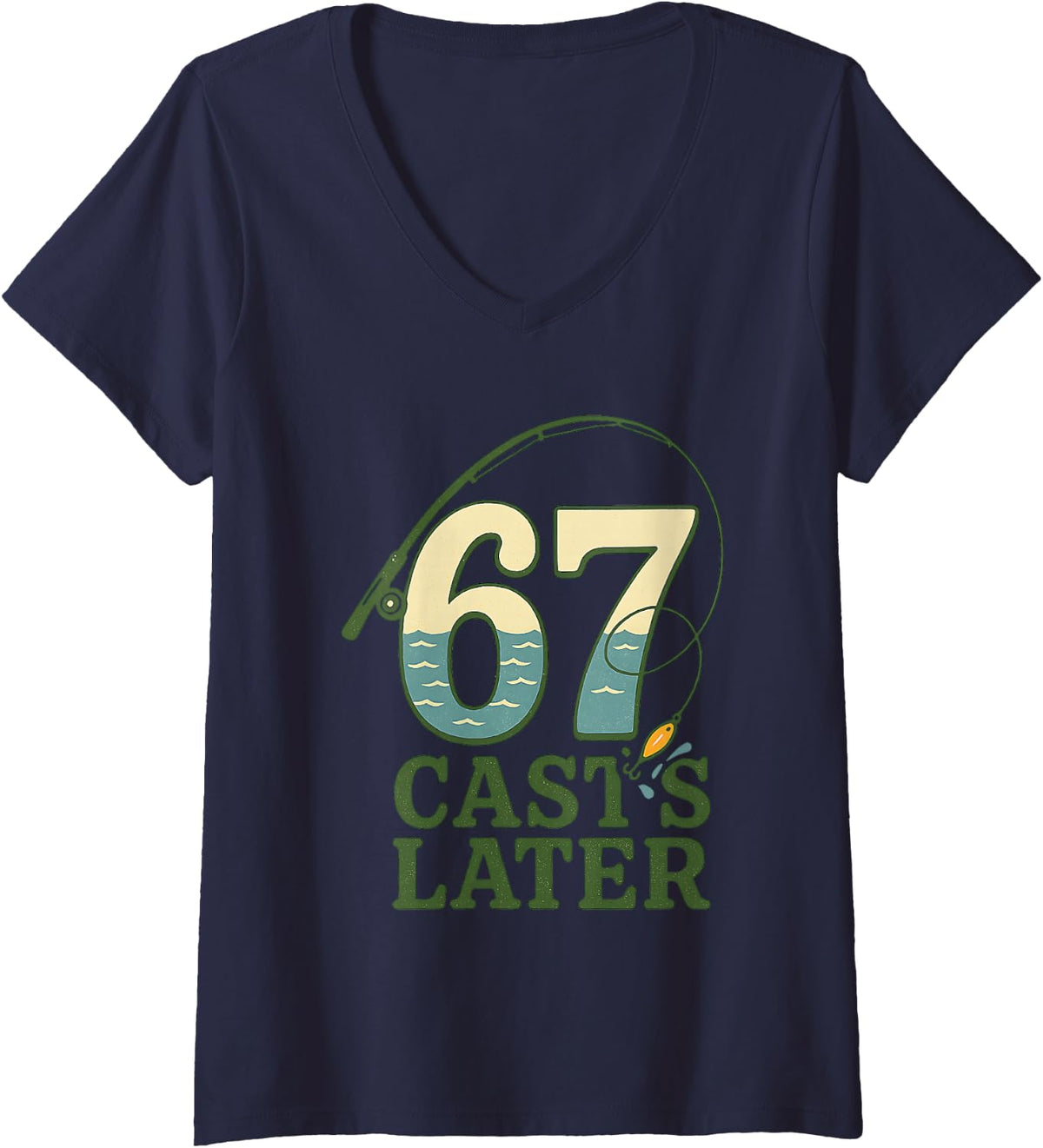 Women's 6 7 Meme Gen Alpha Retro Fishing Rod Lure Angler Bass Fisher V-Neck T-Shirt - Navy Blue