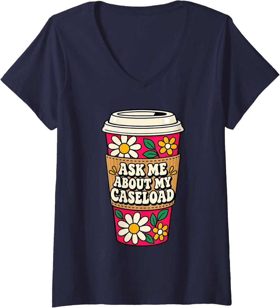 Women's School Psychologist Ask Me About My Caseload Women Funny V-Neck T-Shirt - Navy Blue
