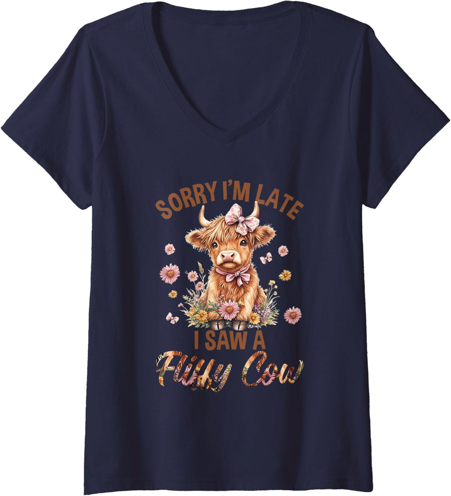 Women's Sorry I'm Late I Saw A Fluffy Cow Cute Highland Cow Farm V-Neck T-Shirt - Navy Blue