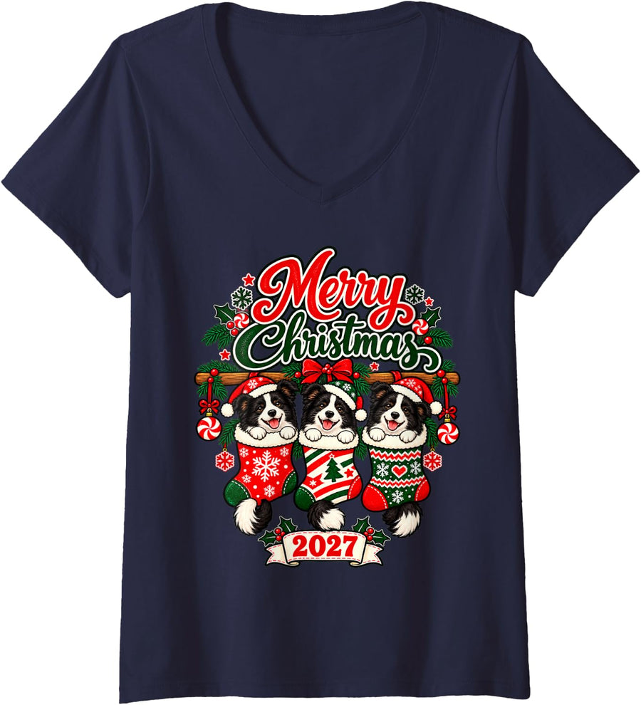 Women's Merry Christmas 2027 Happy Border Collie in Stockings V-Neck T-Shirt - Navy Blue