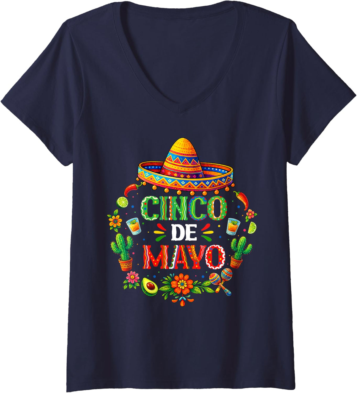 Women's Cinco de Mayo Sombrero Fiesta Mexican Party Men Women Kids V-Neck T-Shirt - Navy Blue