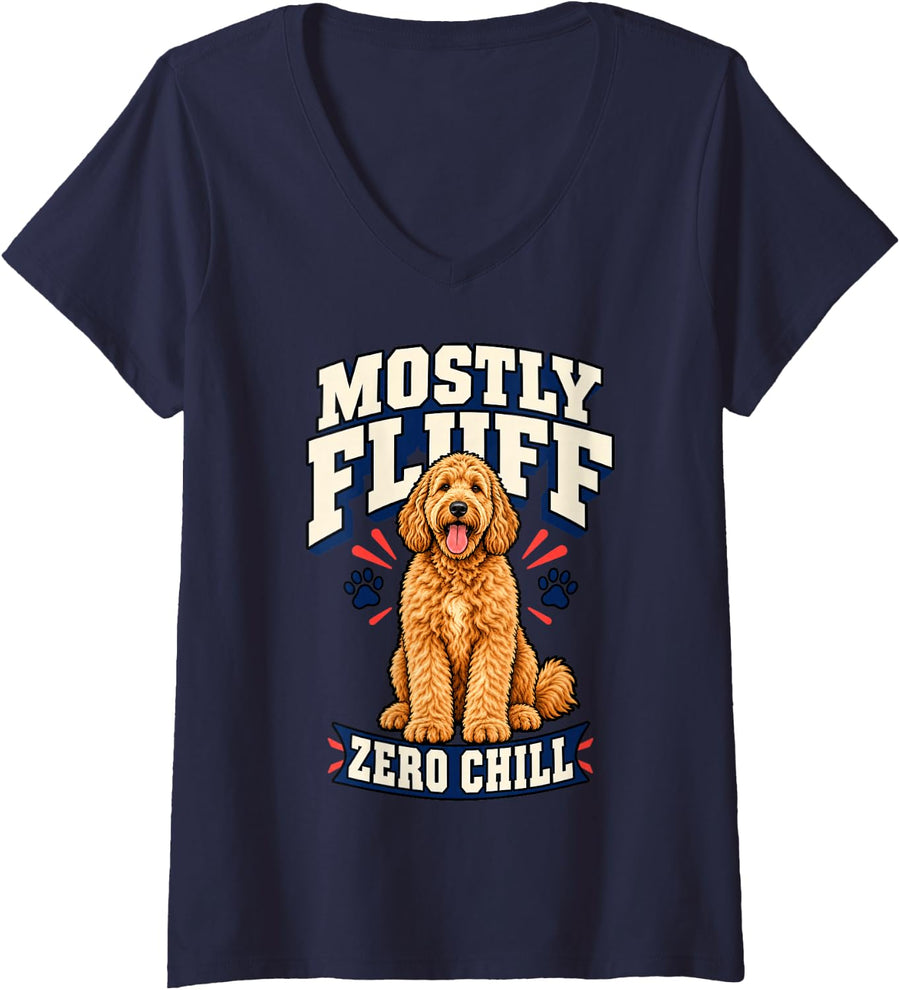 Women's Goldendoodle Mostly Fluff Zero Chill Dog Dad Funny Curly V-Neck T-Shirt - Navy Blue